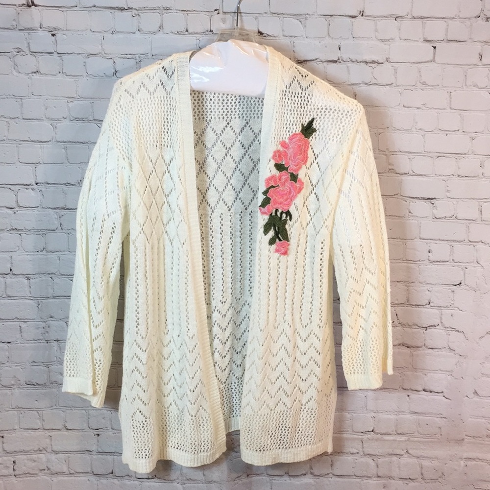 Chelsea Studio Ivory Open Cardigan Embroidered Pink Roses Large